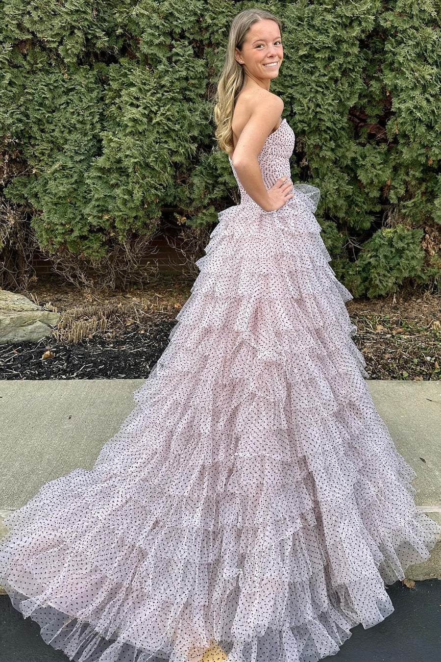 Polka Dot Strapless Ruffle Tiered Prom dresses with Keyholes