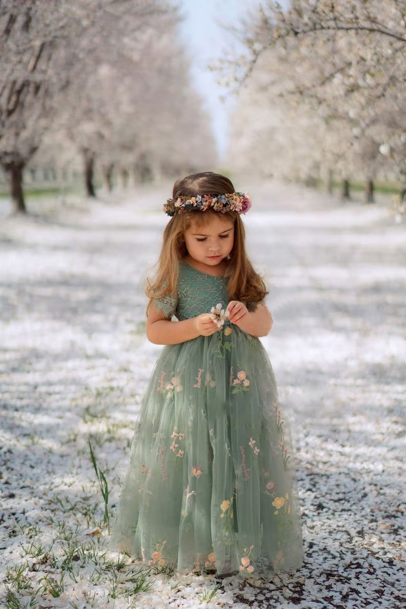 Vintage Green Cap Sleeves Appliques Long Flower Girl Dress