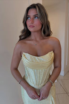 Light Blue Mermaid Strapless Lace Up Long Beaded Prom Dresses