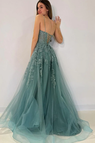 Spaghetti Straps Tulle A-Line Long Sweetheart Prom Dresses,BD93088