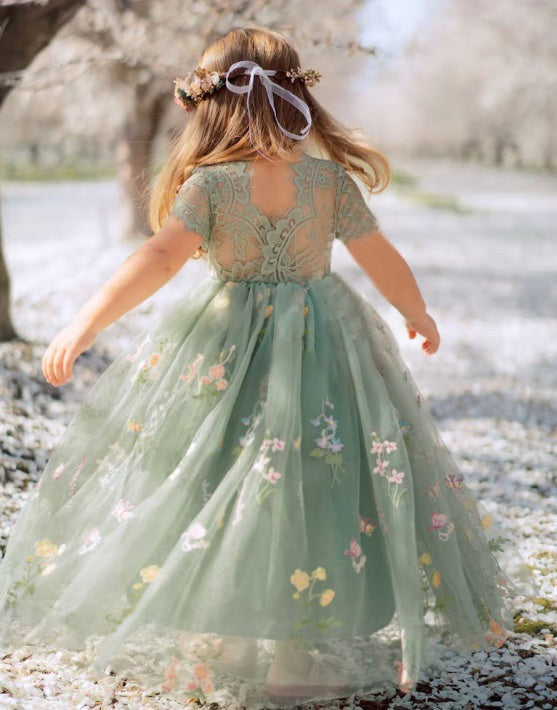 Vintage Green Cap Sleeves Appliques Long Flower Girl Dress