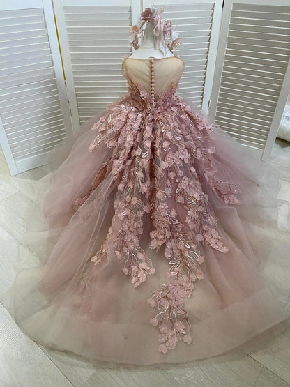 Vintage Sleeveless Ball Gown Appliques Flower Girls Dress