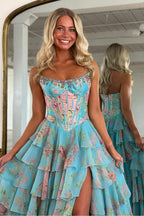 A Line Pink Floral Printed Strapless Corset Ruffle Tiered Long Chiffon Prom Dresses