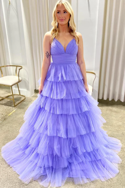 Lilac V Neck Ruffle Tiered Long Prom Dresses