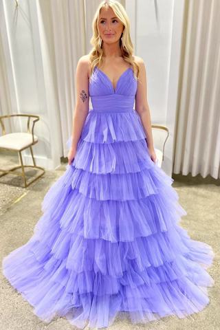 Lilac V Neck Ruffle Tiered Long Prom Dresses,BD93252