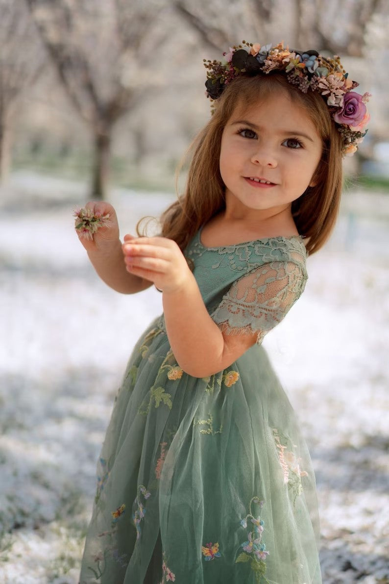 Vintage Green Cap Sleeves Appliques Long Flower Girl Dress