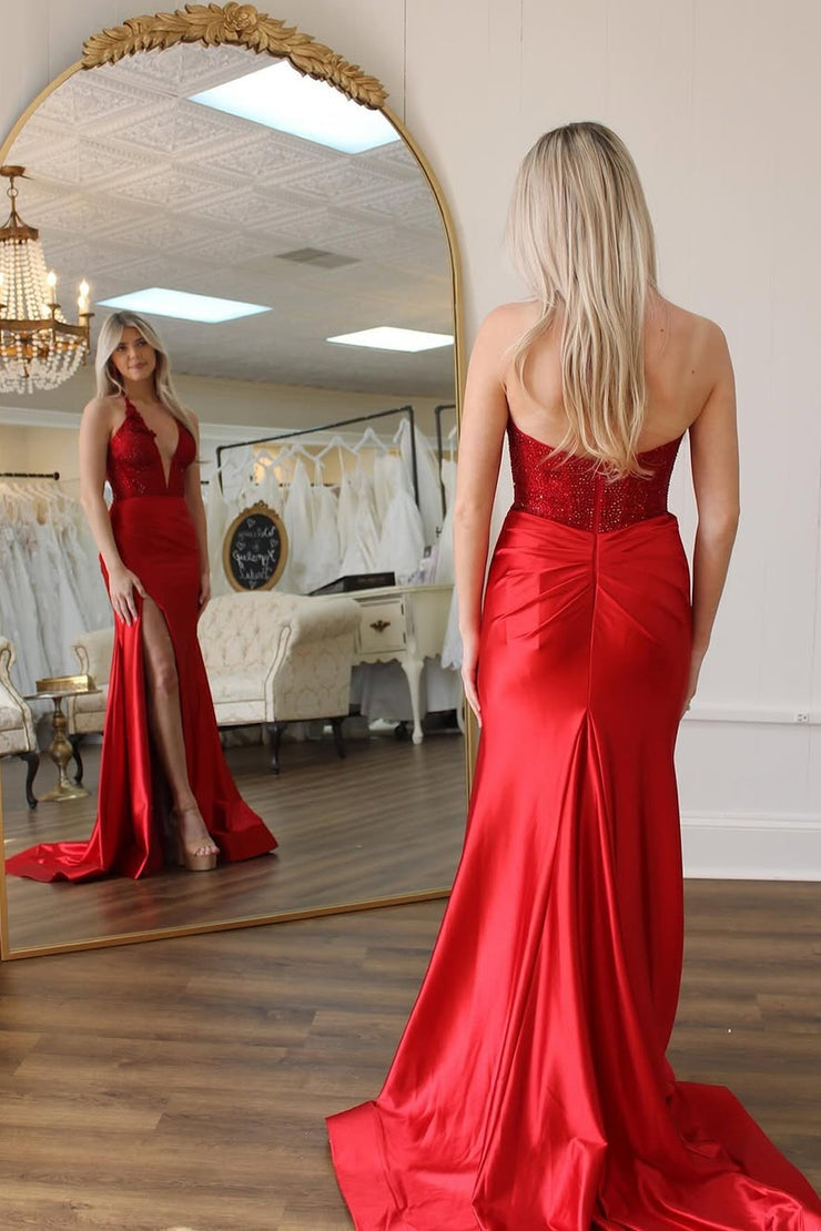 Mermaid Halter Red Sequins Long Satin Prom Dresses
