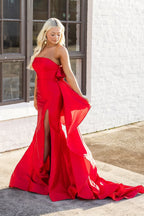 Mermaid Strapless Red Satin Long Prom Dresses