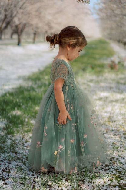 Vintage Green Cap Sleeves Appliques Long Flower Girl Dress