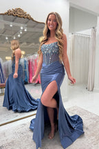 Mermaid Strapless Dark Navy Long Satin Prom Dresses