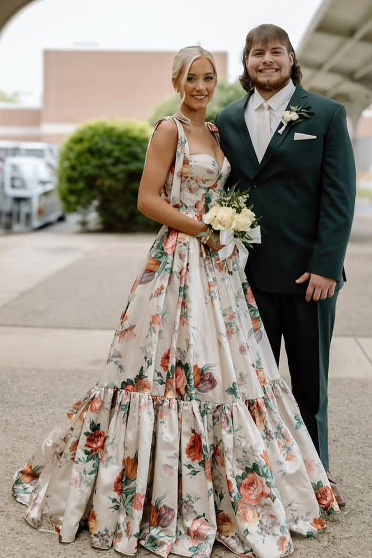 A Line Long Straps Sweetheart Floral Satin Prom Dresses