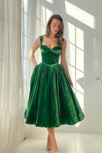 A-Line Sweetheart Green Velvet Tea Length Formal Prom Party Dress