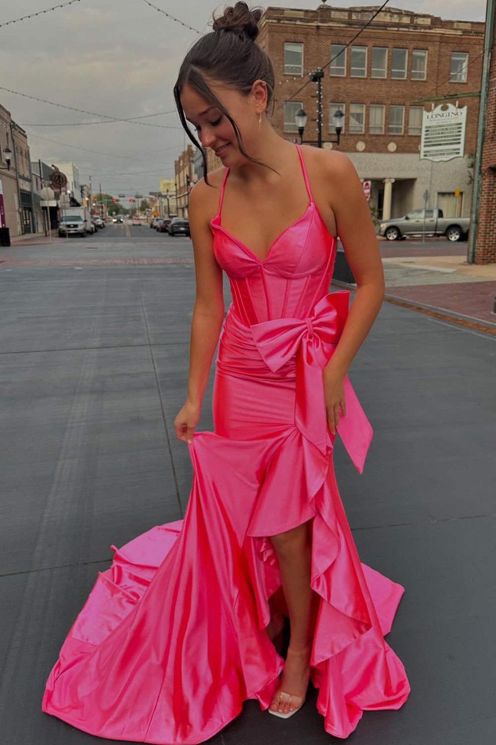 V Neck Hot Pink Satin Slit Mermaid Prom Dresses