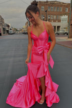 V Neck Hot Pink Satin Slit Mermaid Prom Dresses