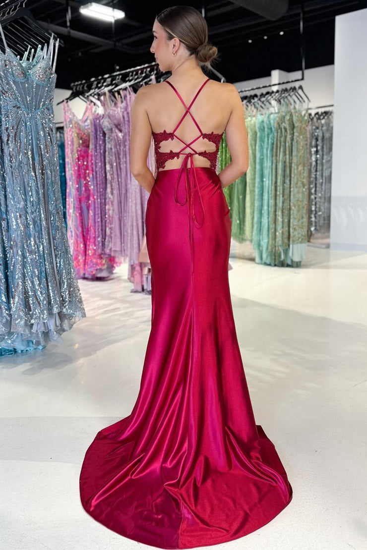 Mermaid V Neck Dark Red Satin Prom Dresses