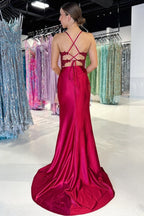 Mermaid V Neck Dark Red Satin Prom Dresses
