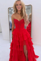 Yellow A-Line Strapless Ruffle Tiered Chiffon Prom Dress
