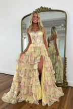 A Line Pink Floral Printed Strapless Corset Ruffle Tiered Long Chiffon Prom Dresses