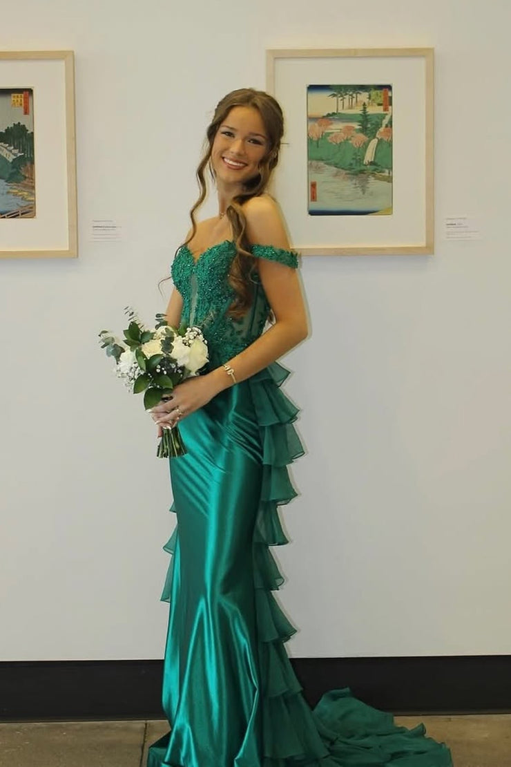 Mermaid Off the Shoulder Satin Green Long Prom Dresses
