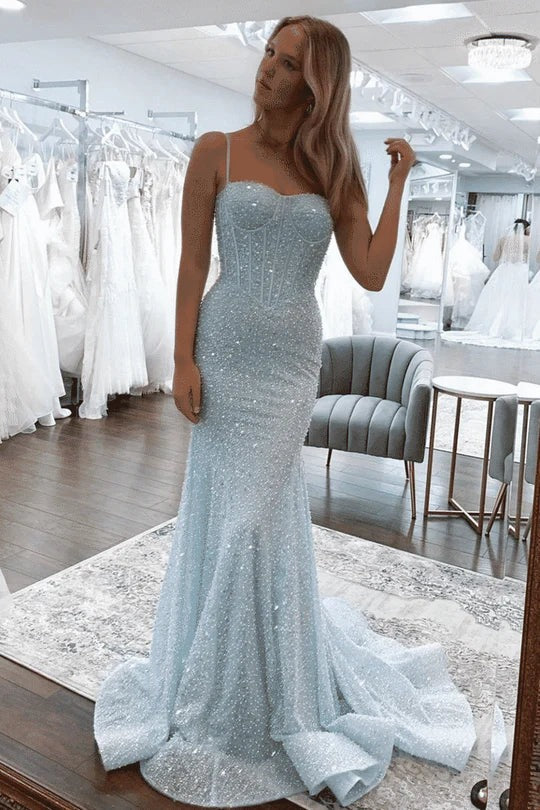 Mermaid Sky Blue Sequins Sweetheart Prom Dresses Custom Color / US12 Mermaid Sky Blue Sequins Sweetheart Prom Dresses Custom Color / US12