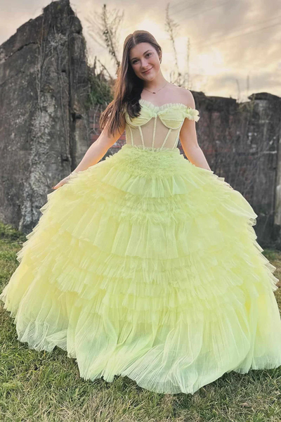 Off the Shoulder Tiered Tulle Yellow Long Prom Dresses,BD93187