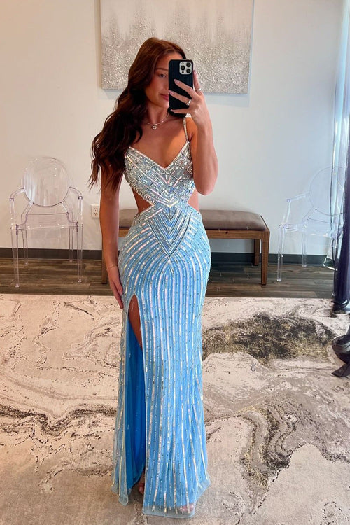 Mermaid V Neck Light Blue Beaded Slit Prom Dresses Pic Color / US0 Mermaid V Neck Light Blue Beaded Slit Prom Dresses Pic Color / US0