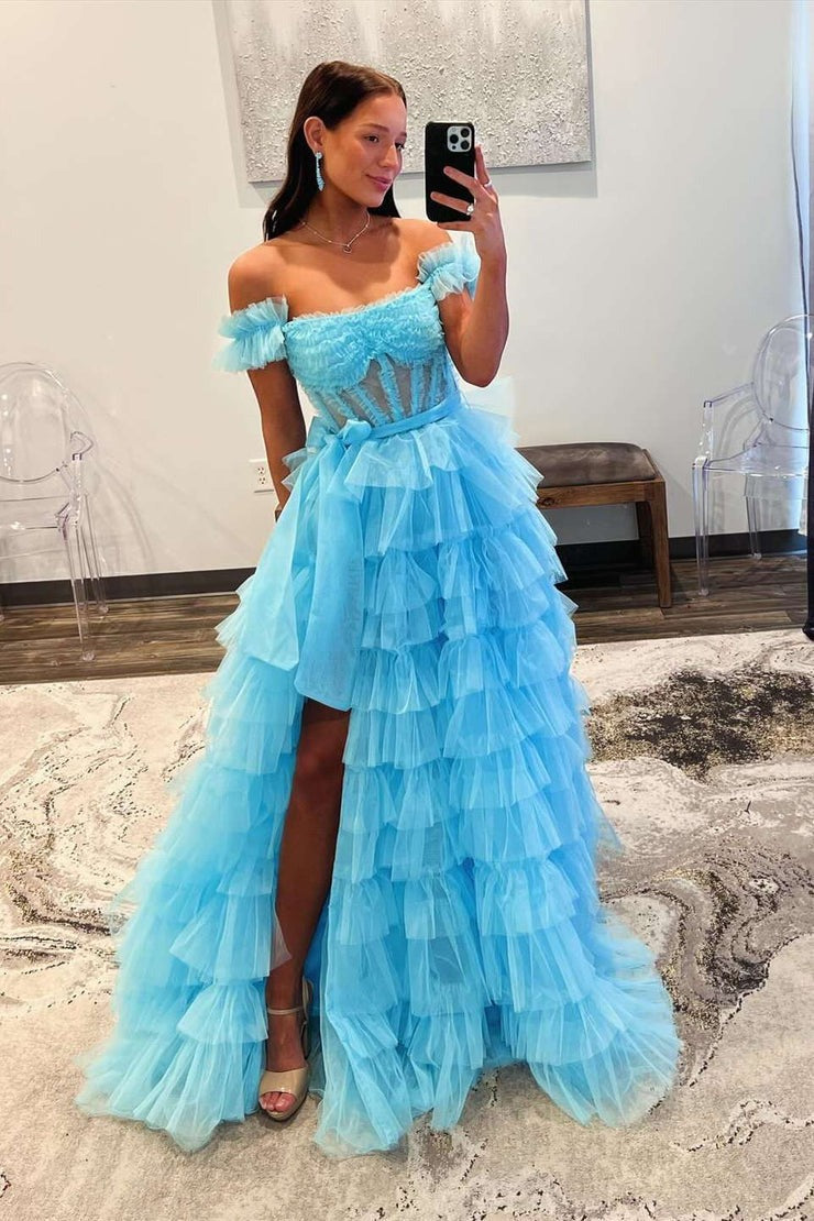 Ball Gown Orange Tulle Strapless Tiered Prom Dresses