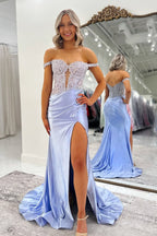 Mermaid Off the Shoulder Lavender Satin Long Prom Dresses