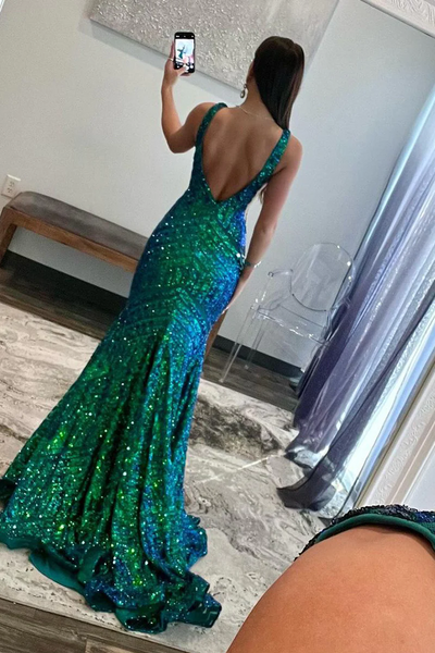Mermaid Deep V Neck Dark Green Sequins Long Prom Dresses,BD930842