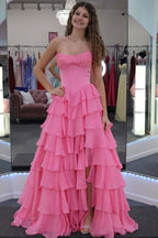 A-Line Strapless Pink Ruffle Tiered Chiffon Long Prom Dress