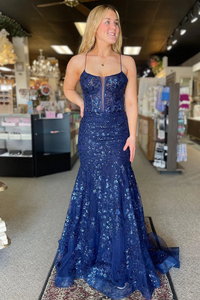 Navy Scoop Neck Sequin Lace Mermaid Long Prom Dresses,BD93333