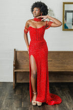 Mermaid Off the Shoulder Red Sequins Long Prom Dresses
