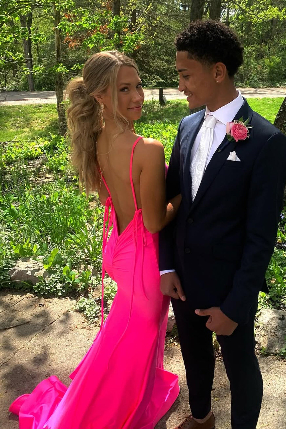 Mermaid V Neck Pink Satin Prom Dresses