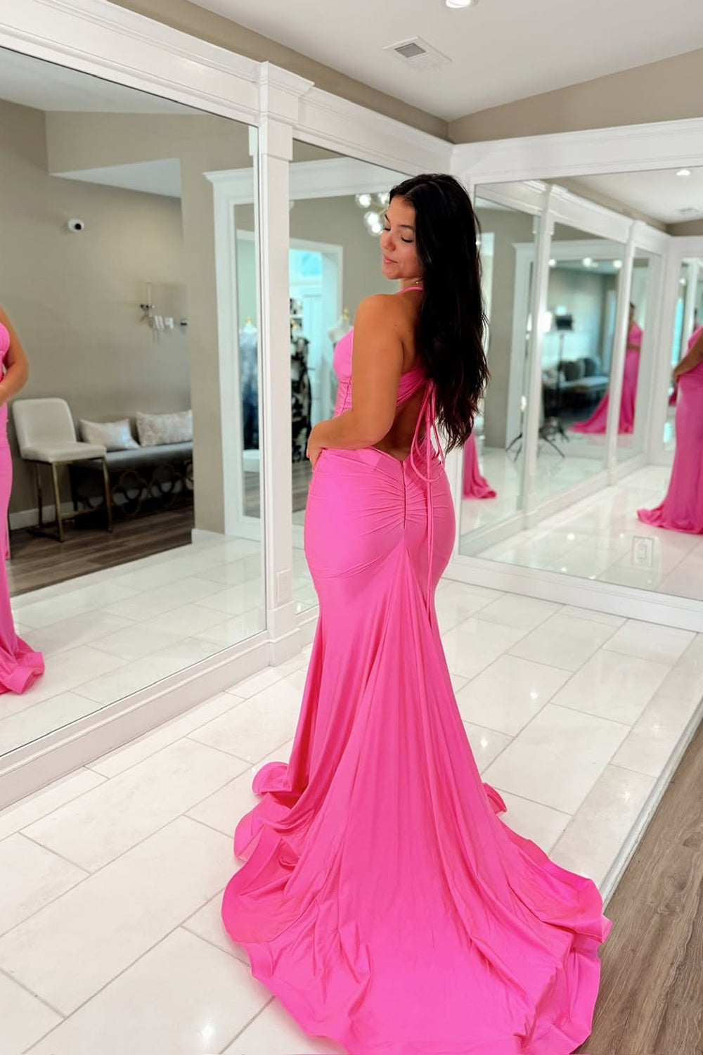 Mermaid V Neck Fuchsia Pink Satin Long Prom Dresses
