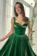 A-Line Sweetheart Green Velvet Tea Length Formal Prom Party Dress