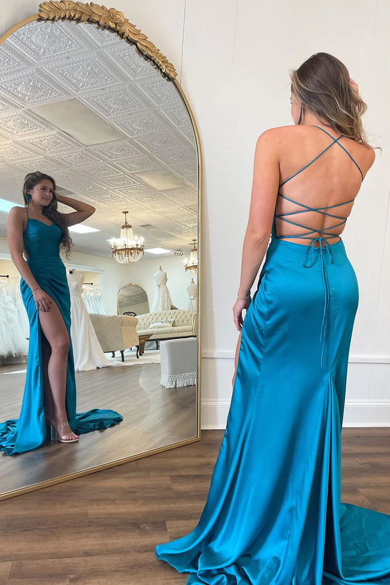 Mermaid Peacock Blue Spaghetti Straps Satin Prom Dresses luladress Mermaid Peacock Blue Spaghetti Straps Satin Prom Dresses luladress