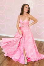 A Line Sweetheart Floral Printed Satin Long Pink Prom Dresses