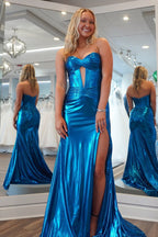 Mermaid Sweetheart Keyhole Blue Metallic Satin Prom Dresses
