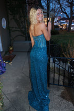 Mermaid Scoop Neck Long Blue Sequins Prom Dresses