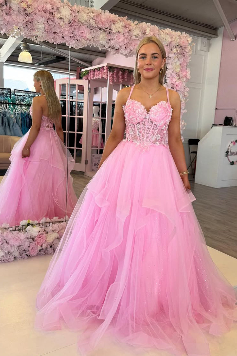 A Line V Neck Pink Tulle Long Lace Prom Dresses