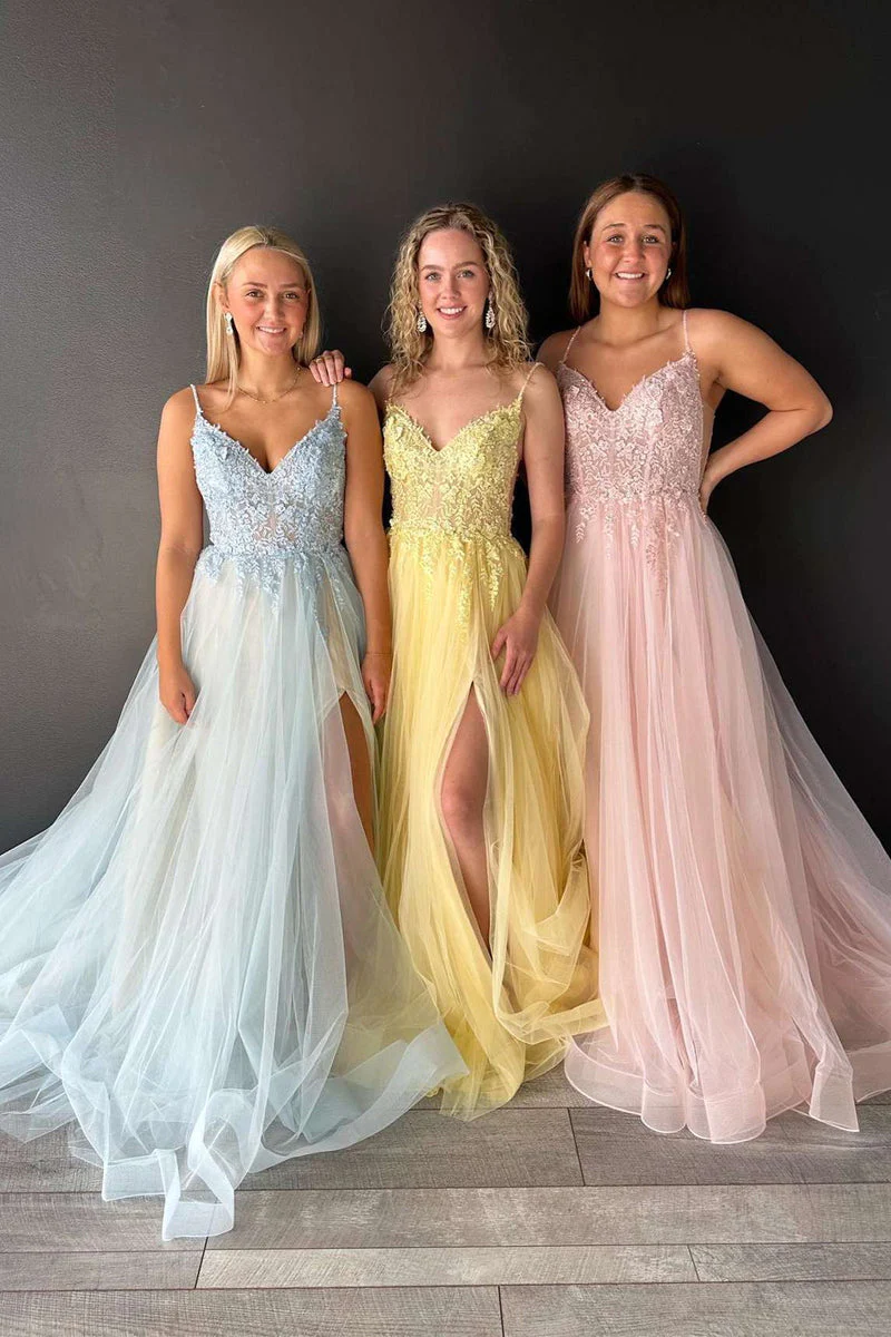 V-Neck Lace-Up Appliques A-Line Tulle Prom Dresses,BD930863
