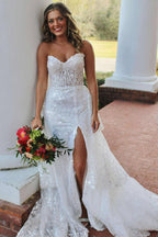 A-Line Strapless White Sequin Lace Ruffle Tiered Long Prom Dresses