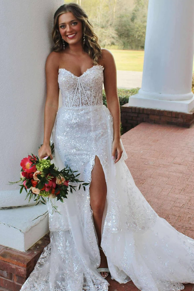 A-Line Strapless White Sequin Lace Ruffle Tiered Long Prom Dresses
