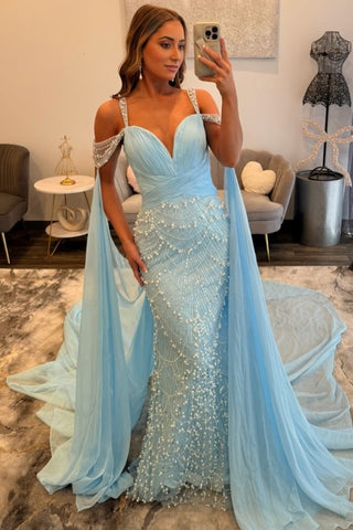 Cloak V Neck Spaghetti Straps Mermaid Long Prom Dresses With Pearls