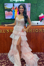 A Line Sweetheart Blush Pink Tulle Tiered Prom Dresses