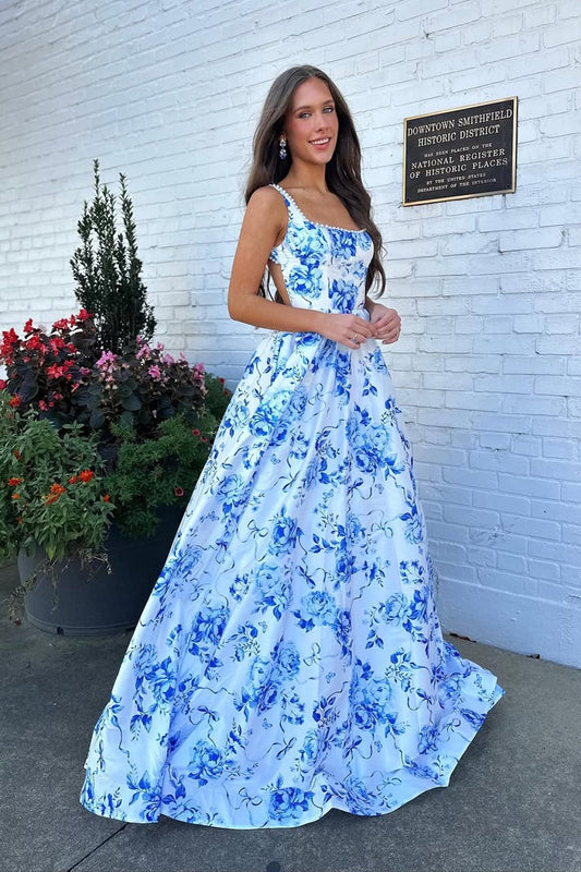 Robe longue de bal en satin imprimé floral bleu à encolure carrée et coupe trapèze