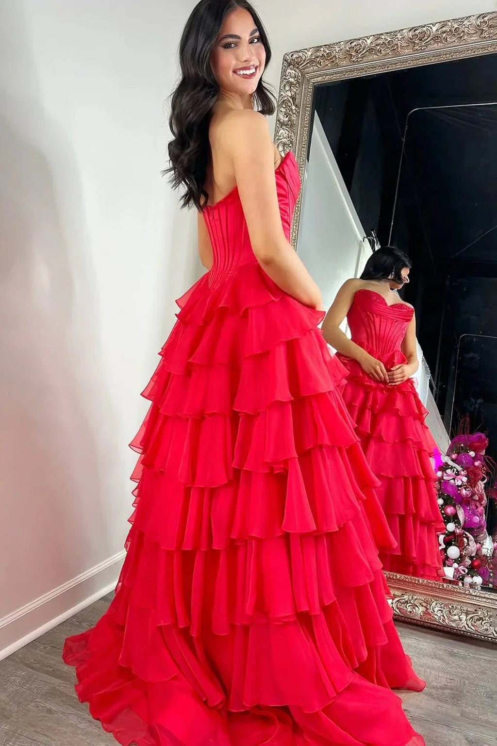 Yellow A-Line Sweetheart Long Tiered Prom Dresses