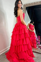 Yellow A-Line Sweetheart Long Tiered Prom Dresses