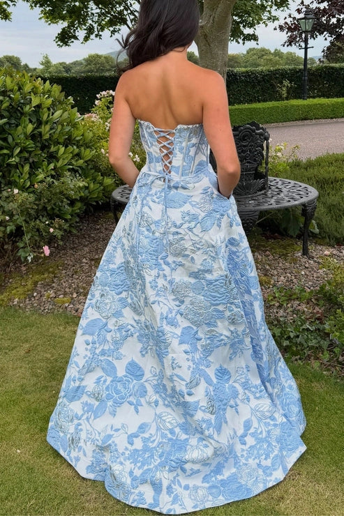 A Line Scoop Neck Jacquard Long Satin Prom Dresses