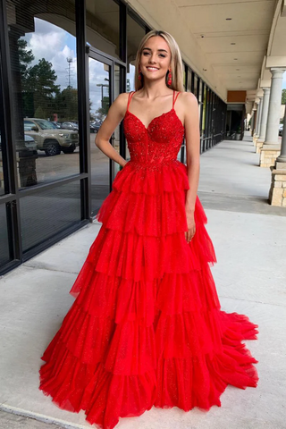 Red Spaghetti Straps Ruffle Tiered Tulle Long Prom Dresses,BD93271